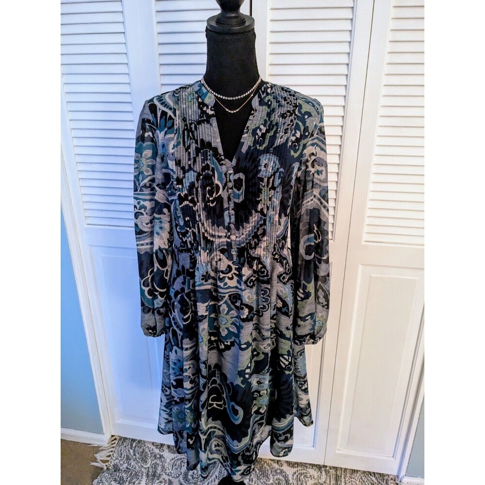 Roz & Ali Dress Women's 6 Blue Floral Paisley Long Sleeves Sheer Romantic Pleats